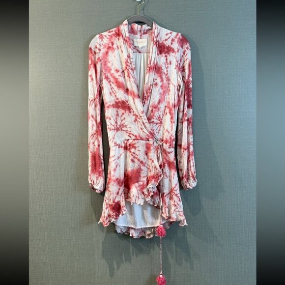 ROCOCO SAND Wrap-Effect Tie-Dyed Jacquard Mini Long Sleeve Dress - Picture 3 of 15